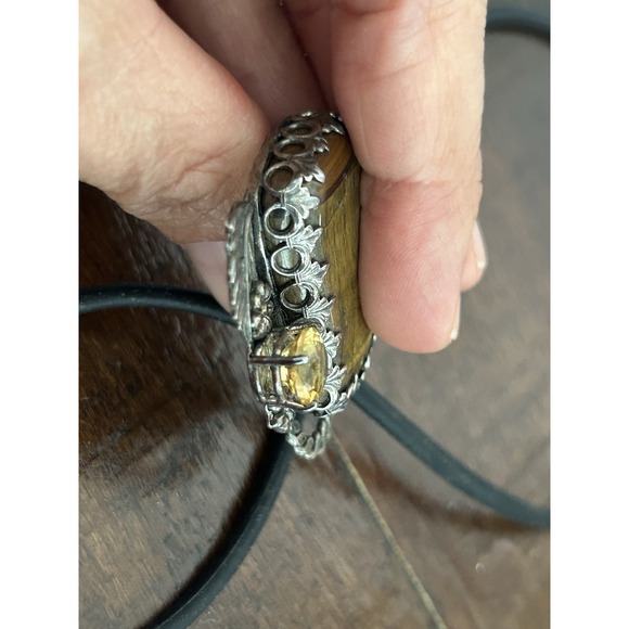 Native American Sterling Silver Citrine & Tiger's Eye Pendant Hand Signed JR - Picture 4 of 4